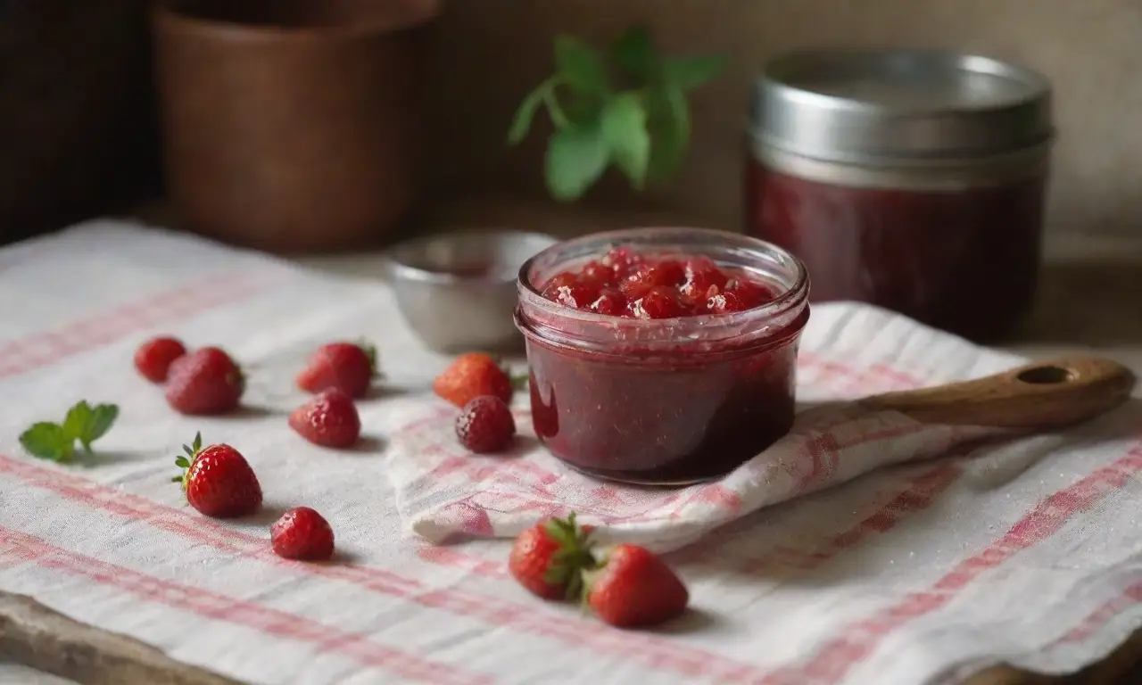 Mesa rústica con mermelada y fresas