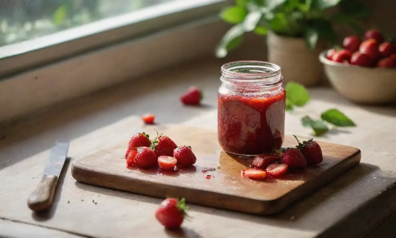 Mesa rústica con fresas y mermelada