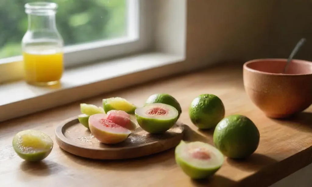 Cocina iluminada con guavas y utensilios