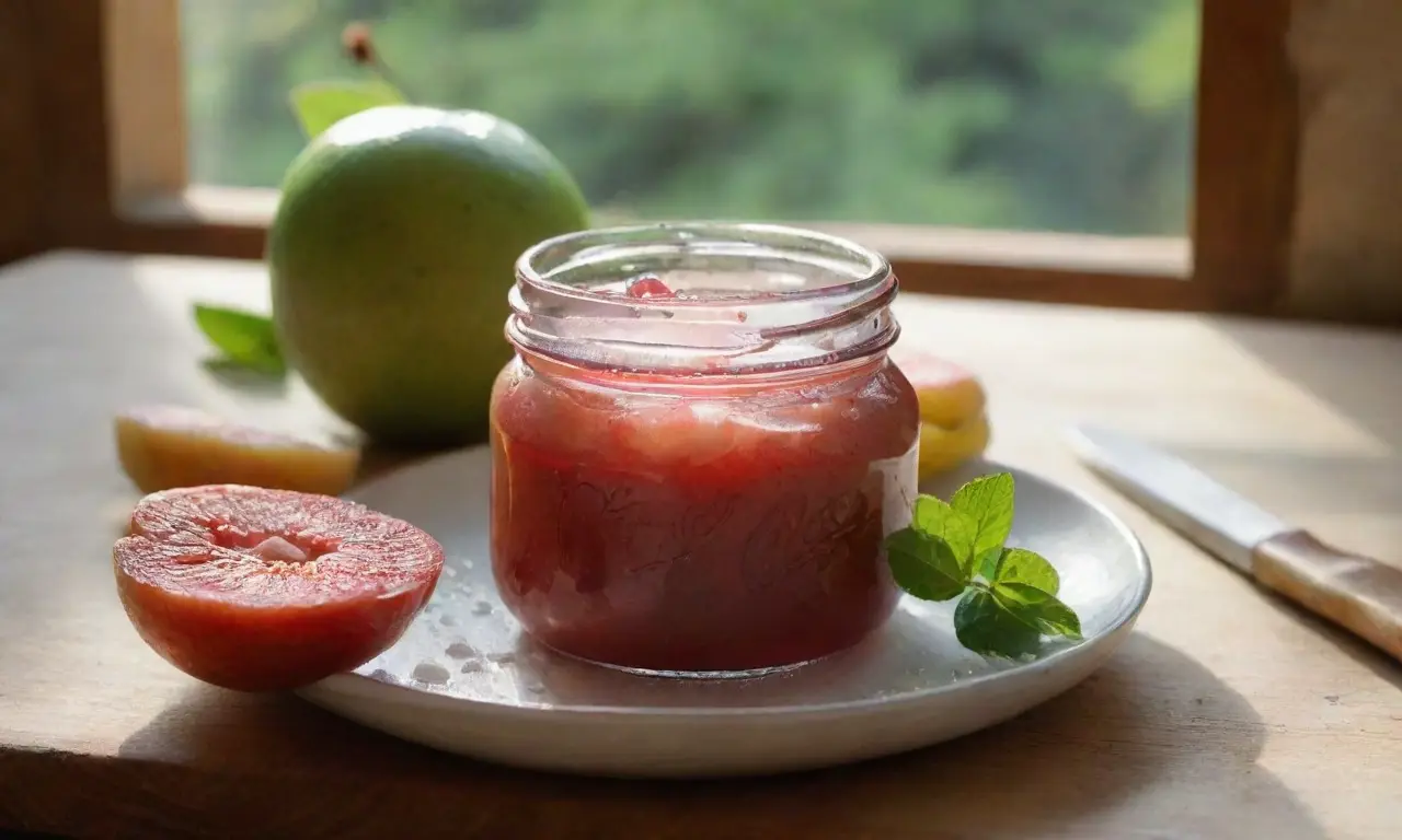 Mesa rústica con guavas y mermelada