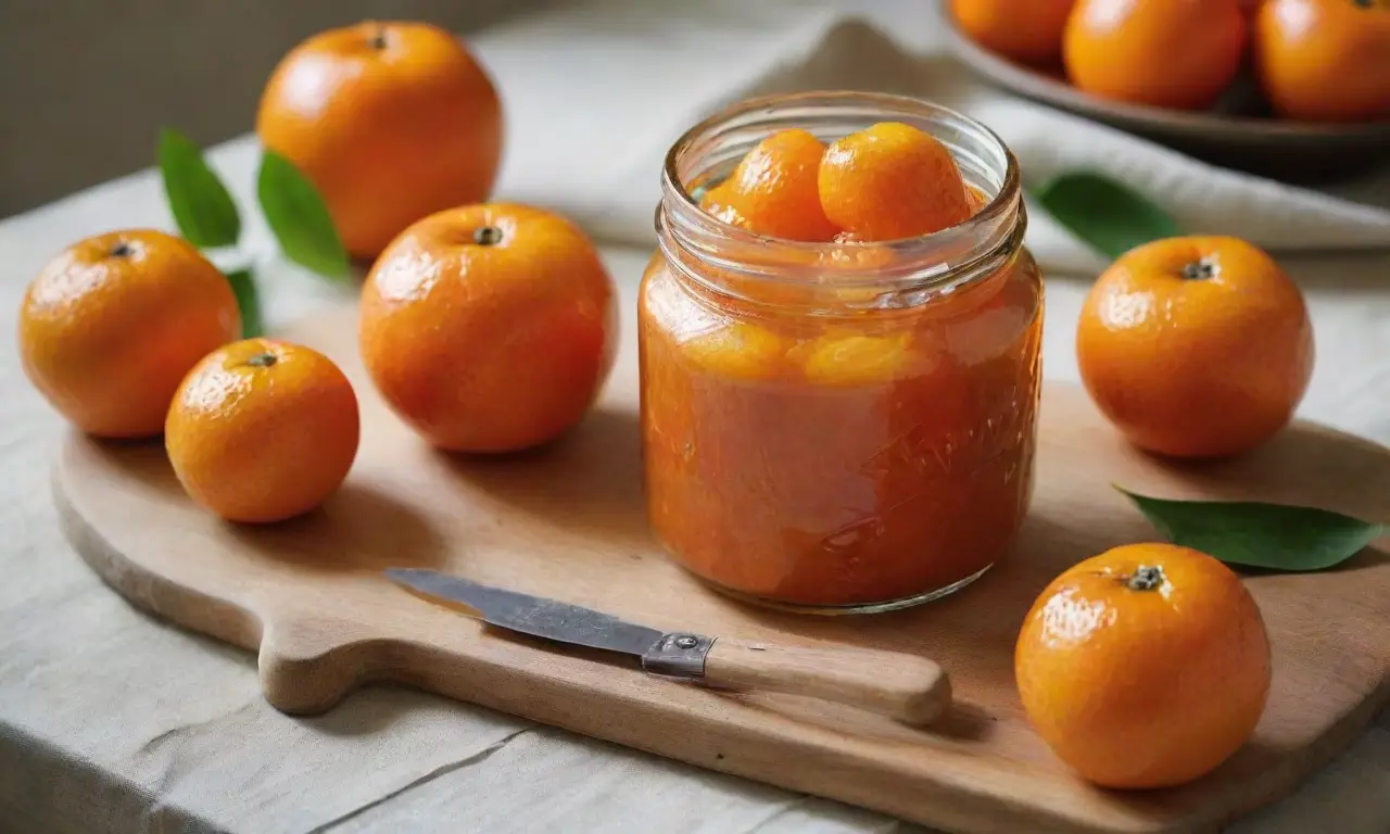 Tangerinas brillantes y mermelada en cocina