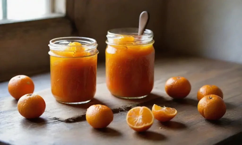 Tarro de mermelada de mandarina en mesa