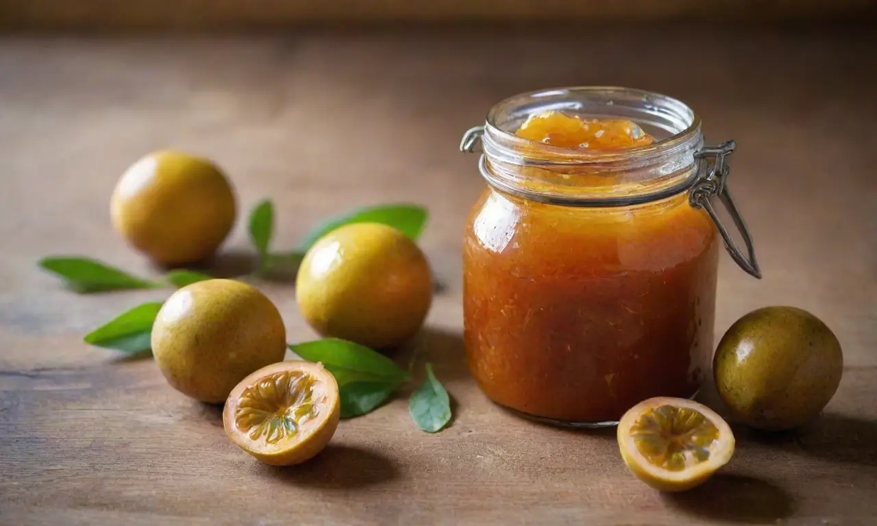 Tarro de mermelada de maracuyá y frutas