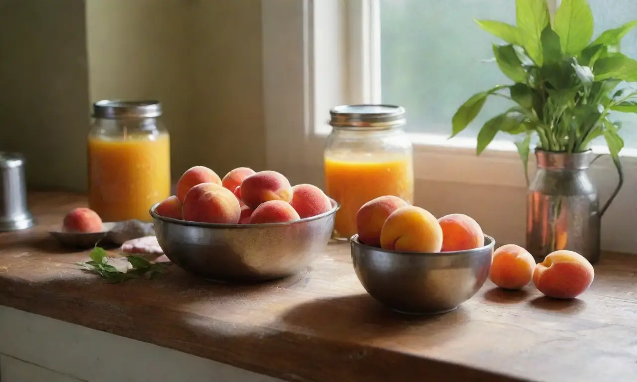 Cocina iluminada con duraznos y frascos