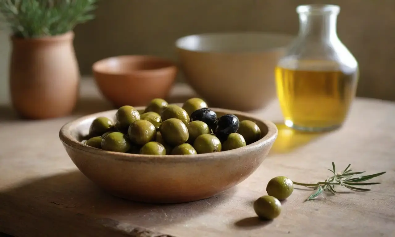 Mesa rústica con aceitunas y aceite dorado