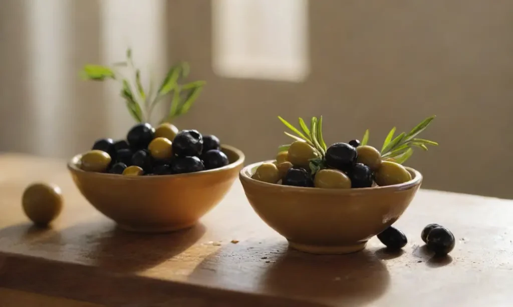Mesa rústica con aceitunas y aceite dorado