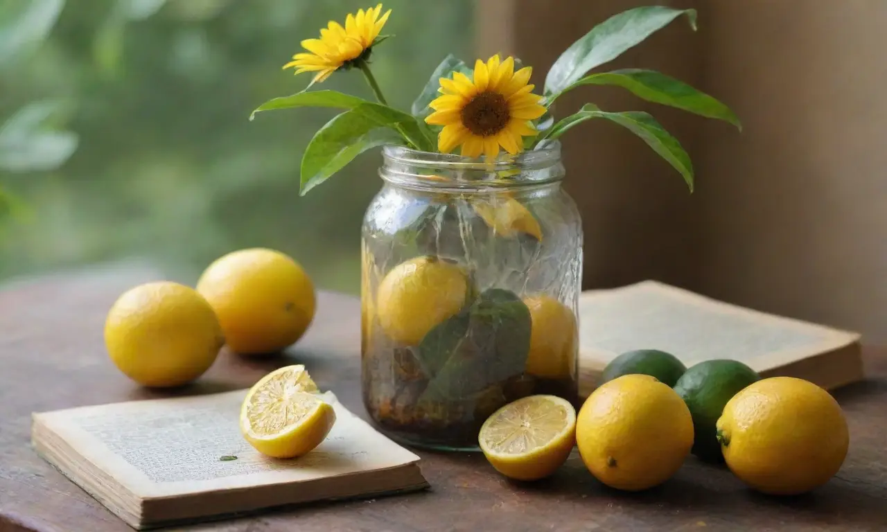 Mesa rústica con limones y luz cálida
