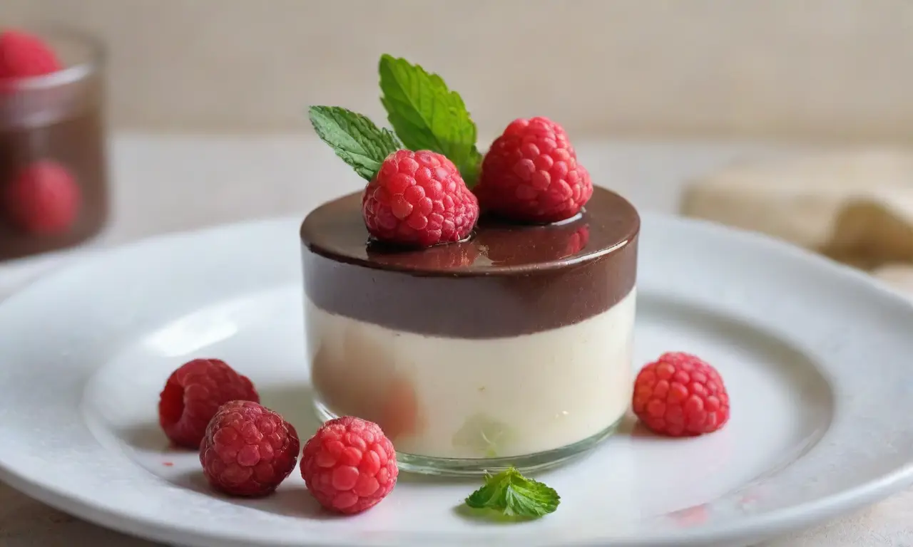 Panna cotta de chocolate con frambuesas y crema