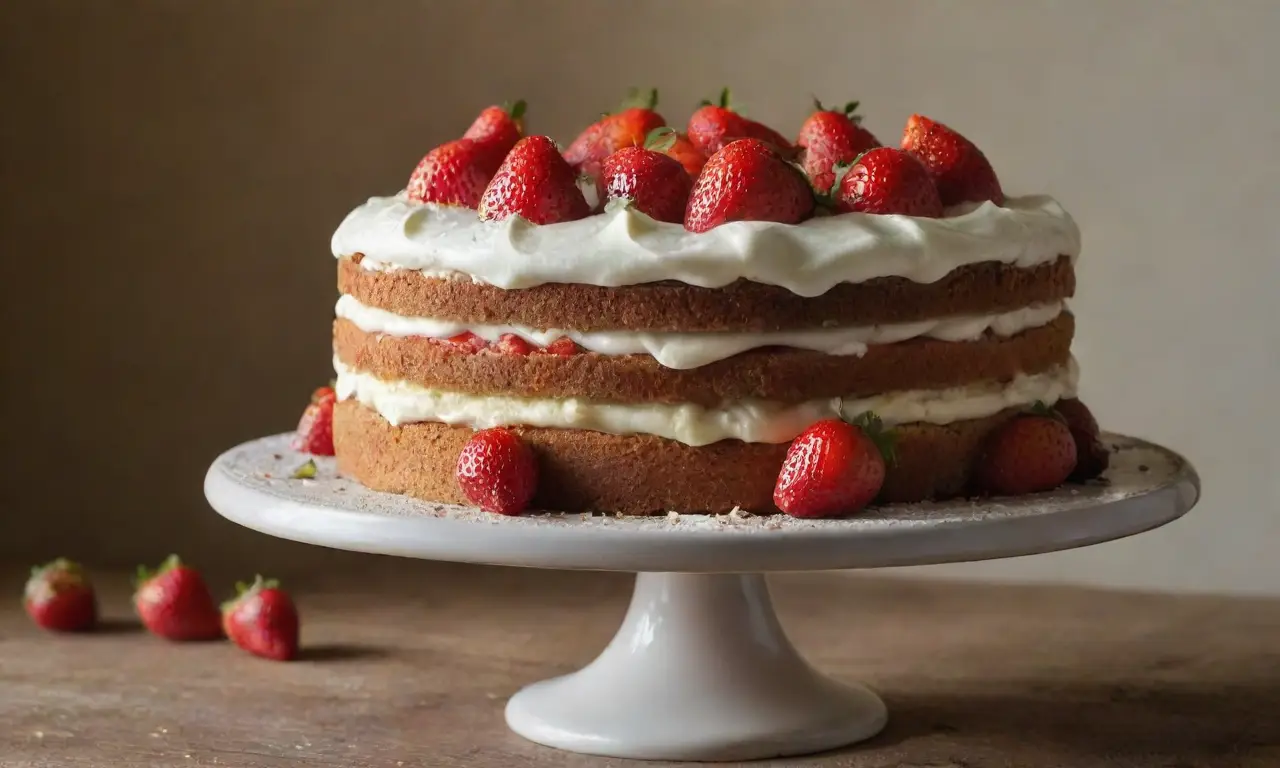 Pastel dorado decorado con fresas y crema