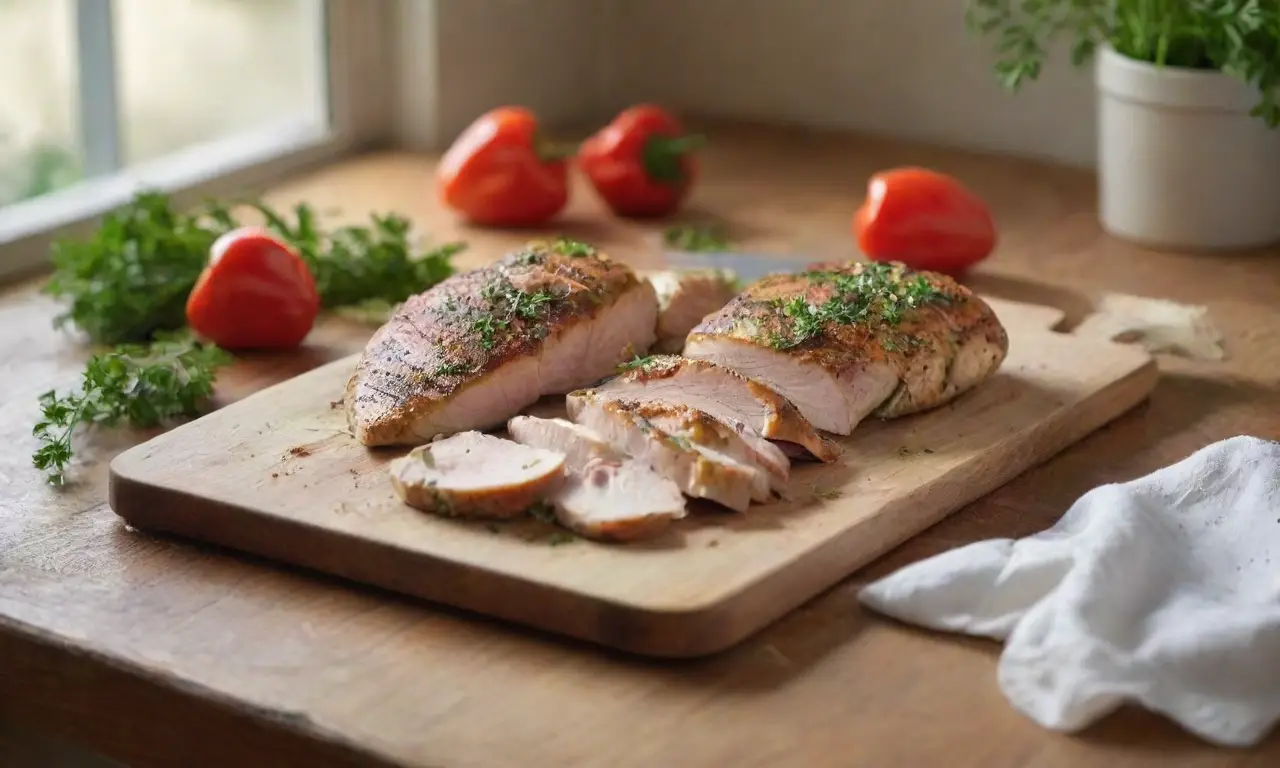 Cocina acogedora con pollo y hierbas frescas