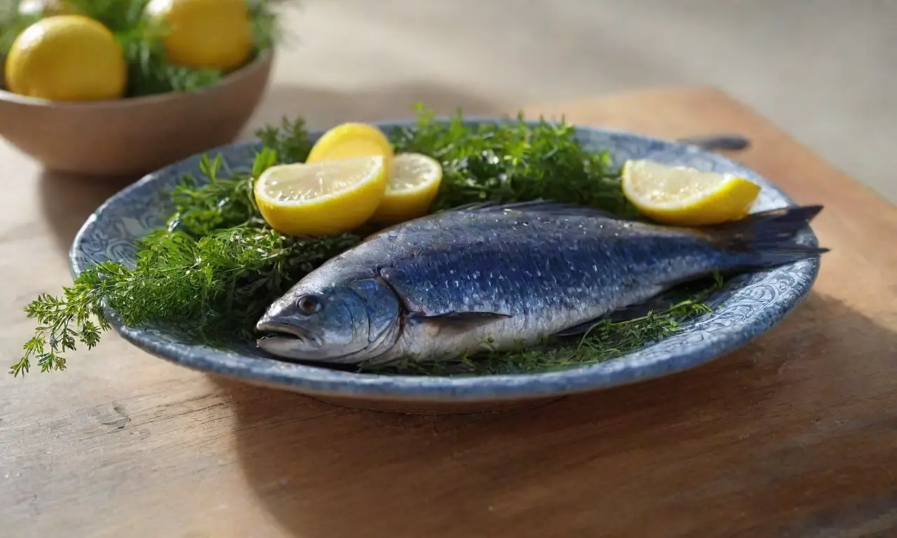 Mesa de cocina con pescado y ensalada