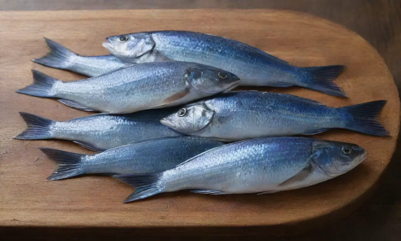 Pescados azules brillantes sobre mesa rústica