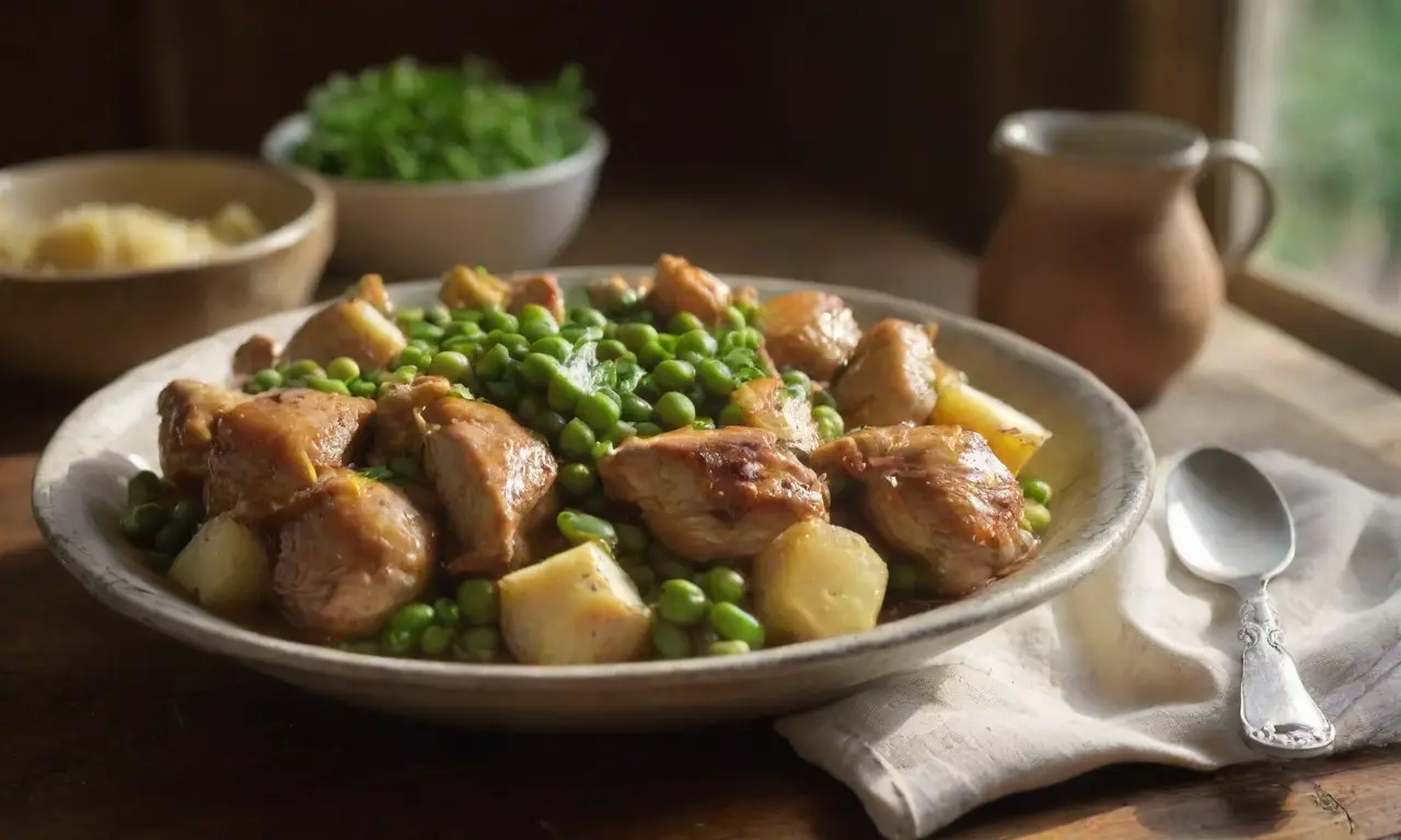 Mesa rústica con delicioso guiso humeante