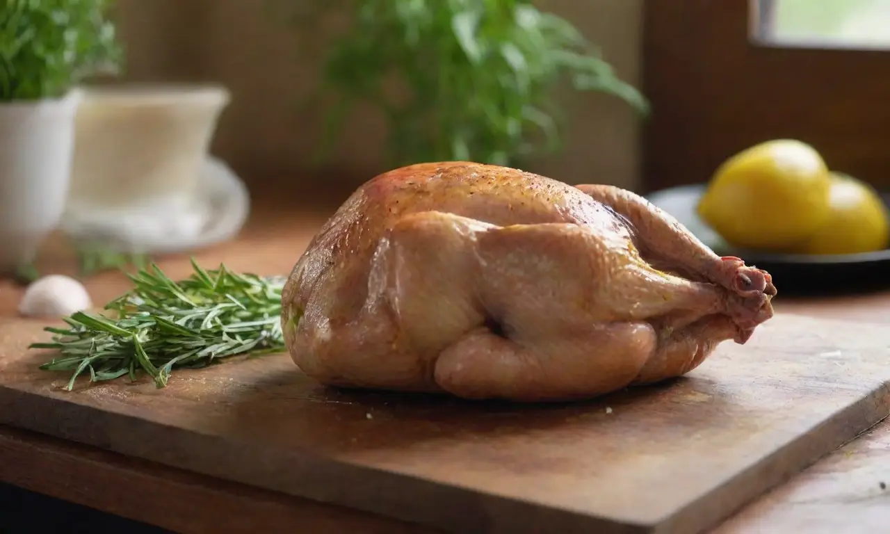 Encantadora cocina con pollo y hierbas frescas