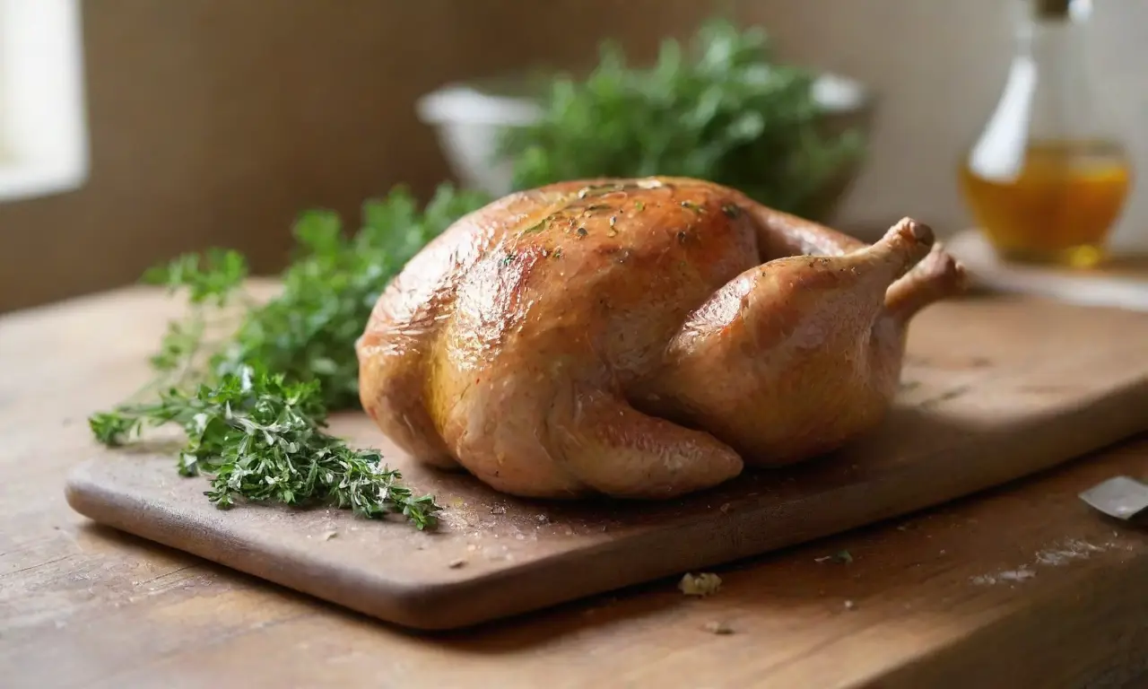 Cocina rústica con pollo y hierbas frescas