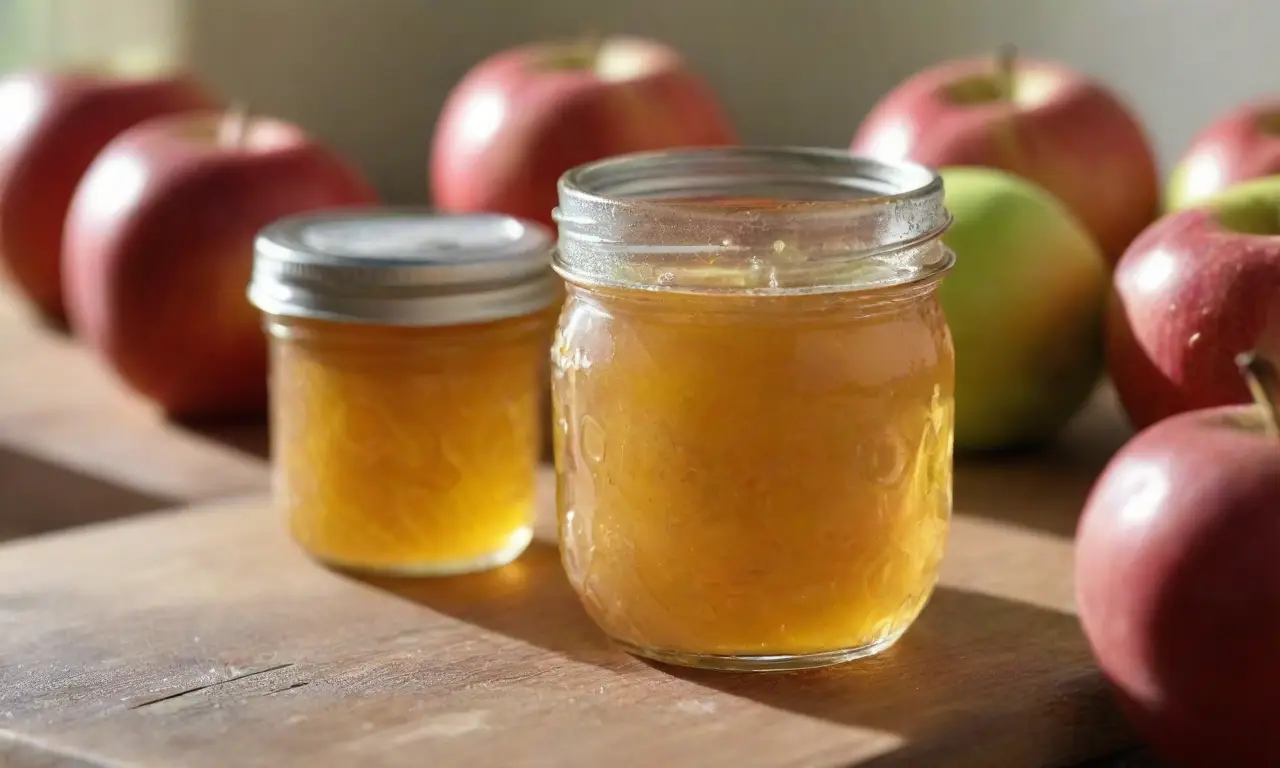 Tarro de gelatina de manzana con manzanas