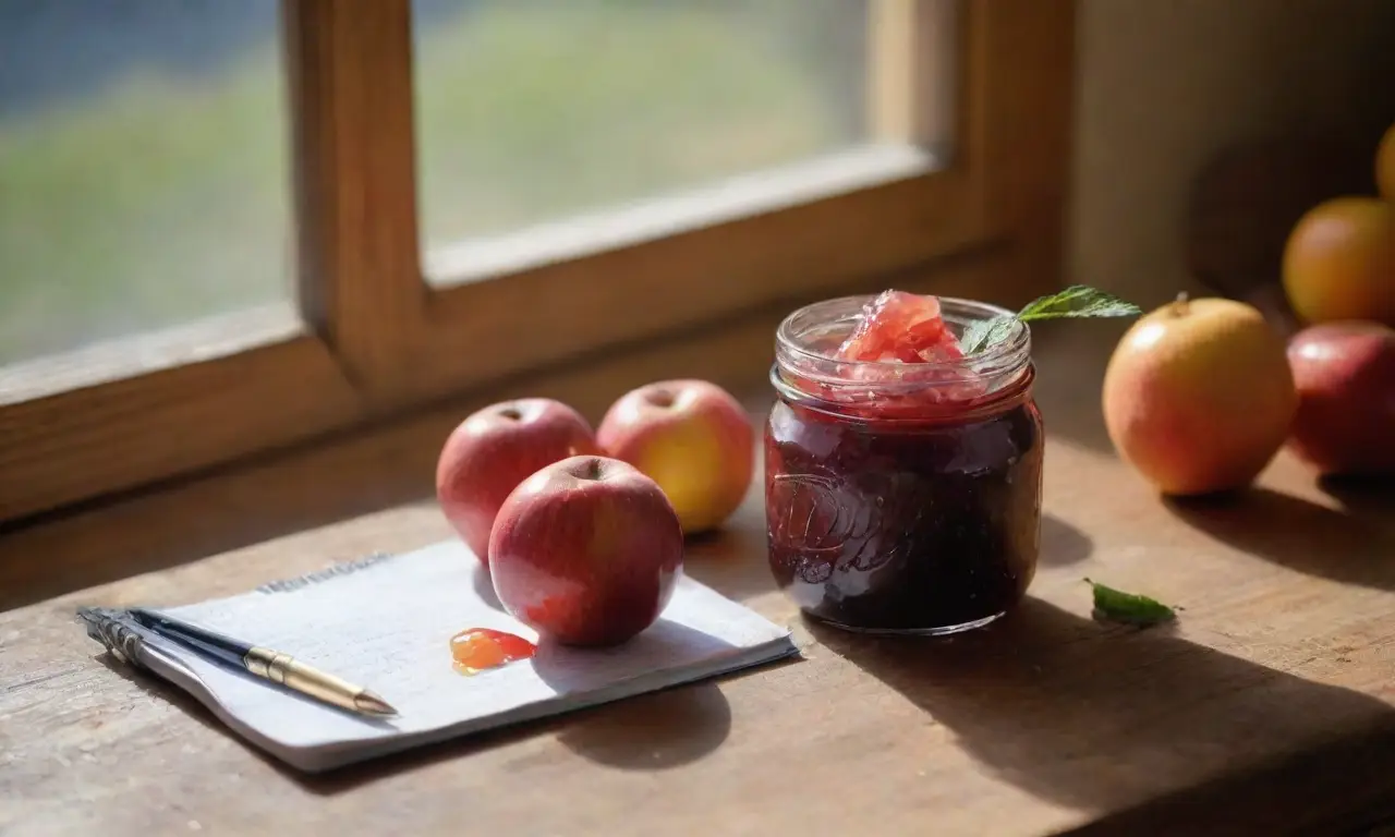 Mesa de madera con frutas y mermelada