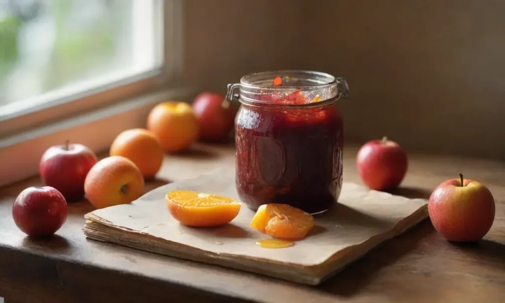 Mesa de madera con frutas y mermelada