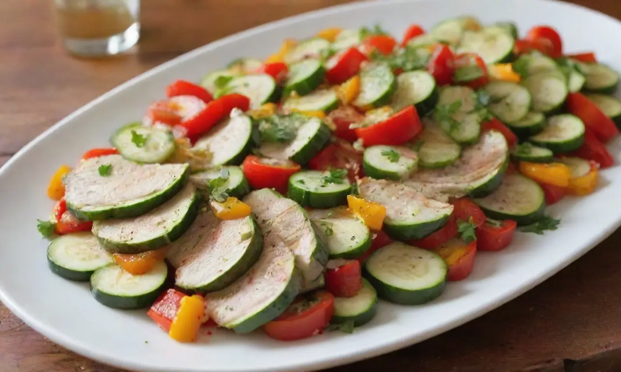 Zucchinis asadas con pollo y verduras coloridas