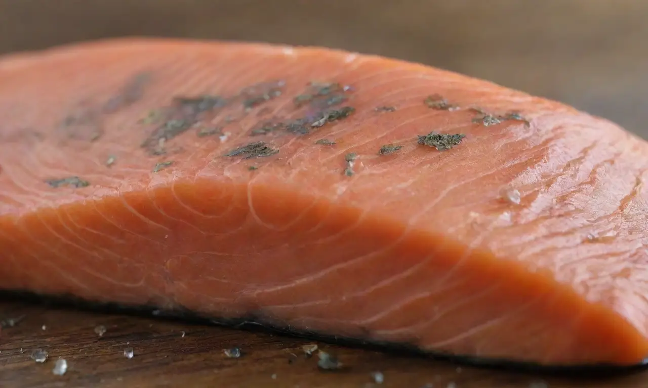 Salmón brillante y deteriorado sobre tabla