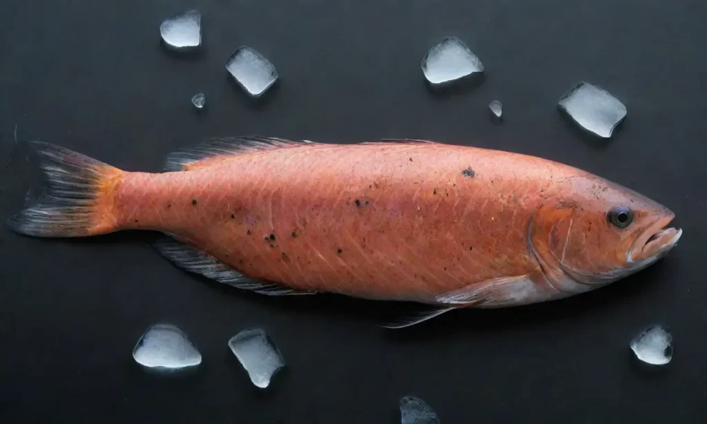 Salmón deteriorado con manchas y hielo