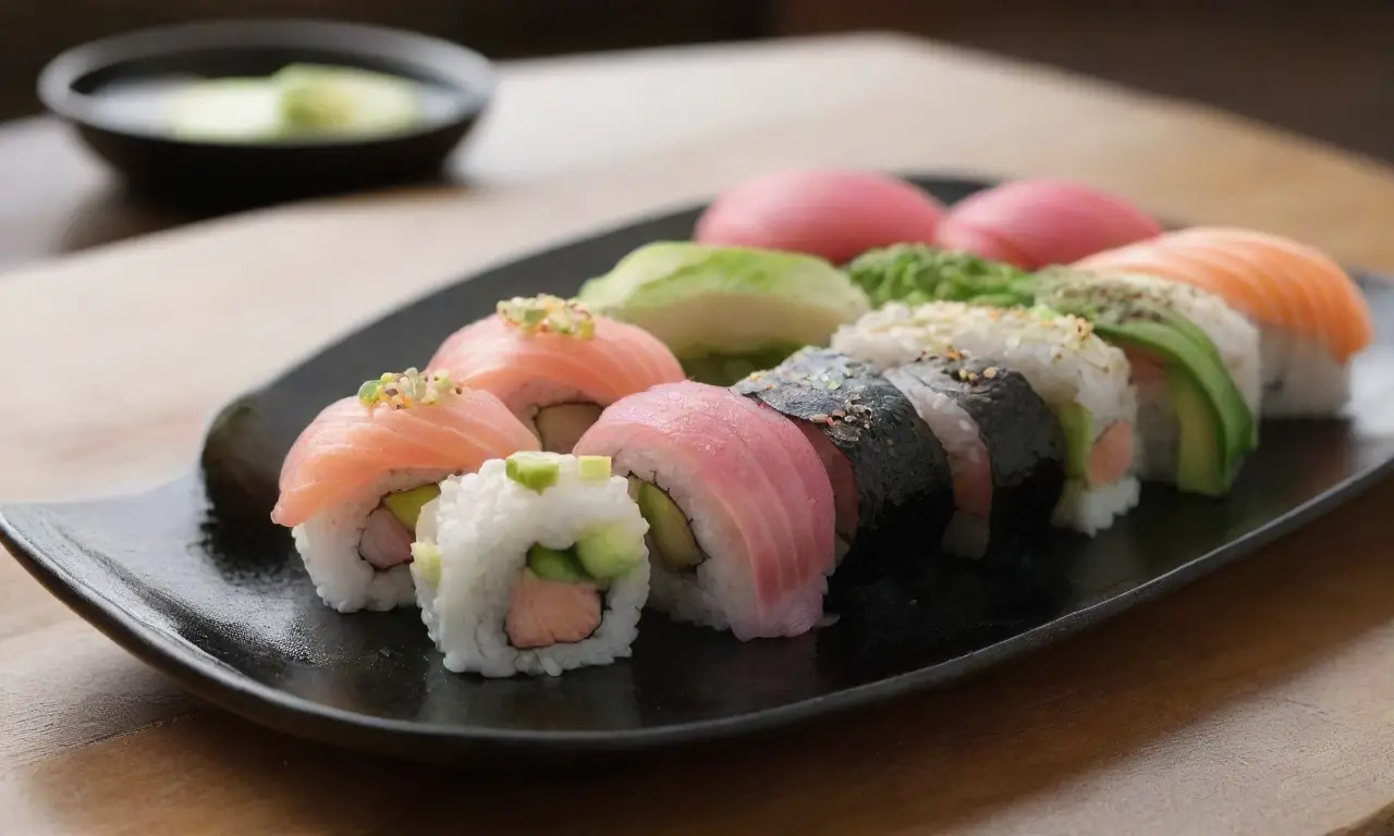 Sushi colorido en elegante plato negro