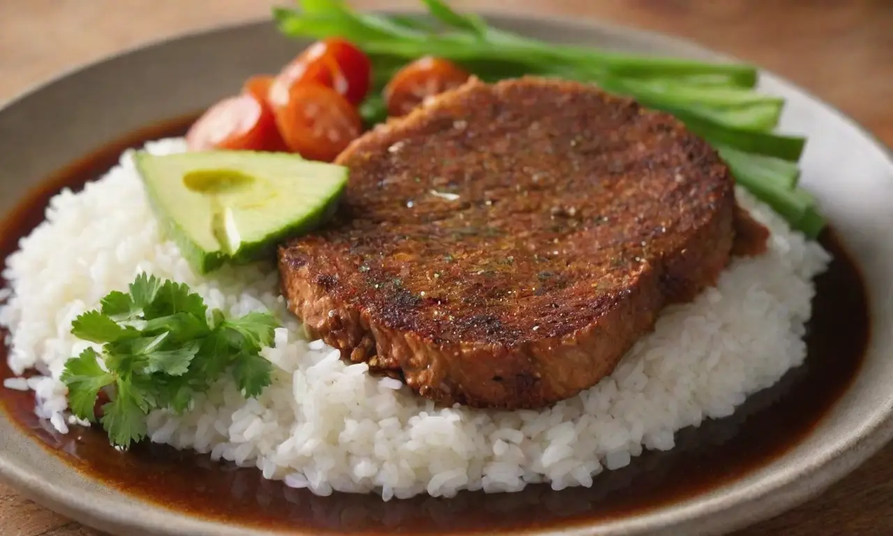 Plato delicioso con cerdo, salsa y arroz