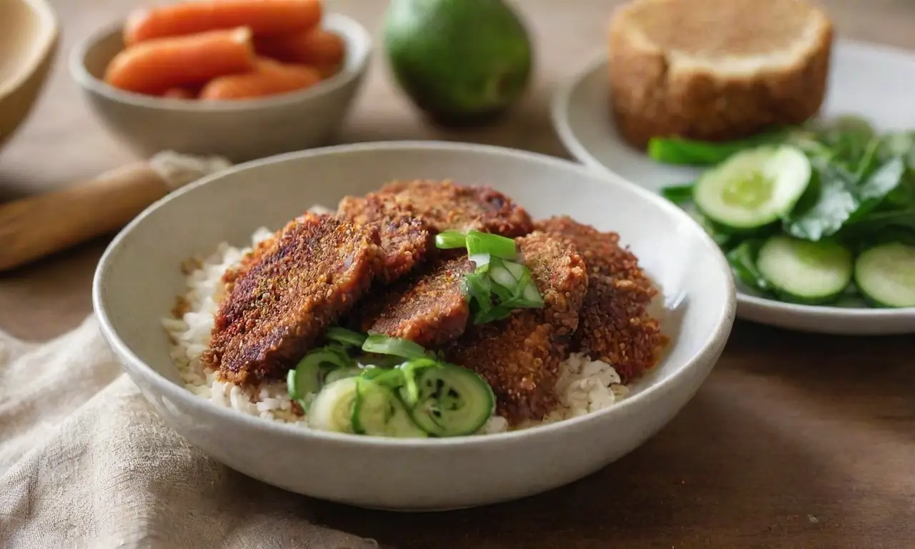 Mesa rústica con tonkatsu y verduras frescas