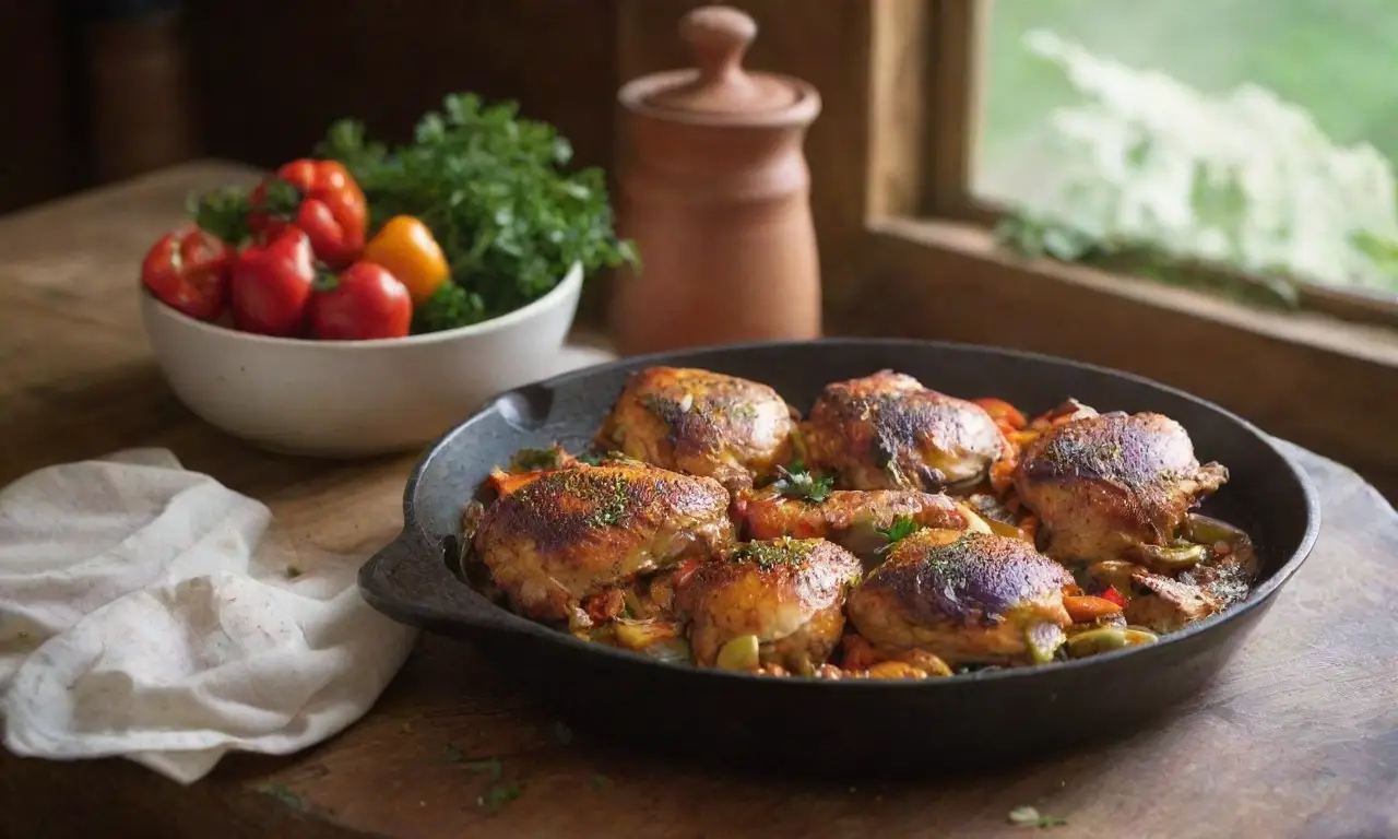 Mesa rústica con pollo y aromas caseros