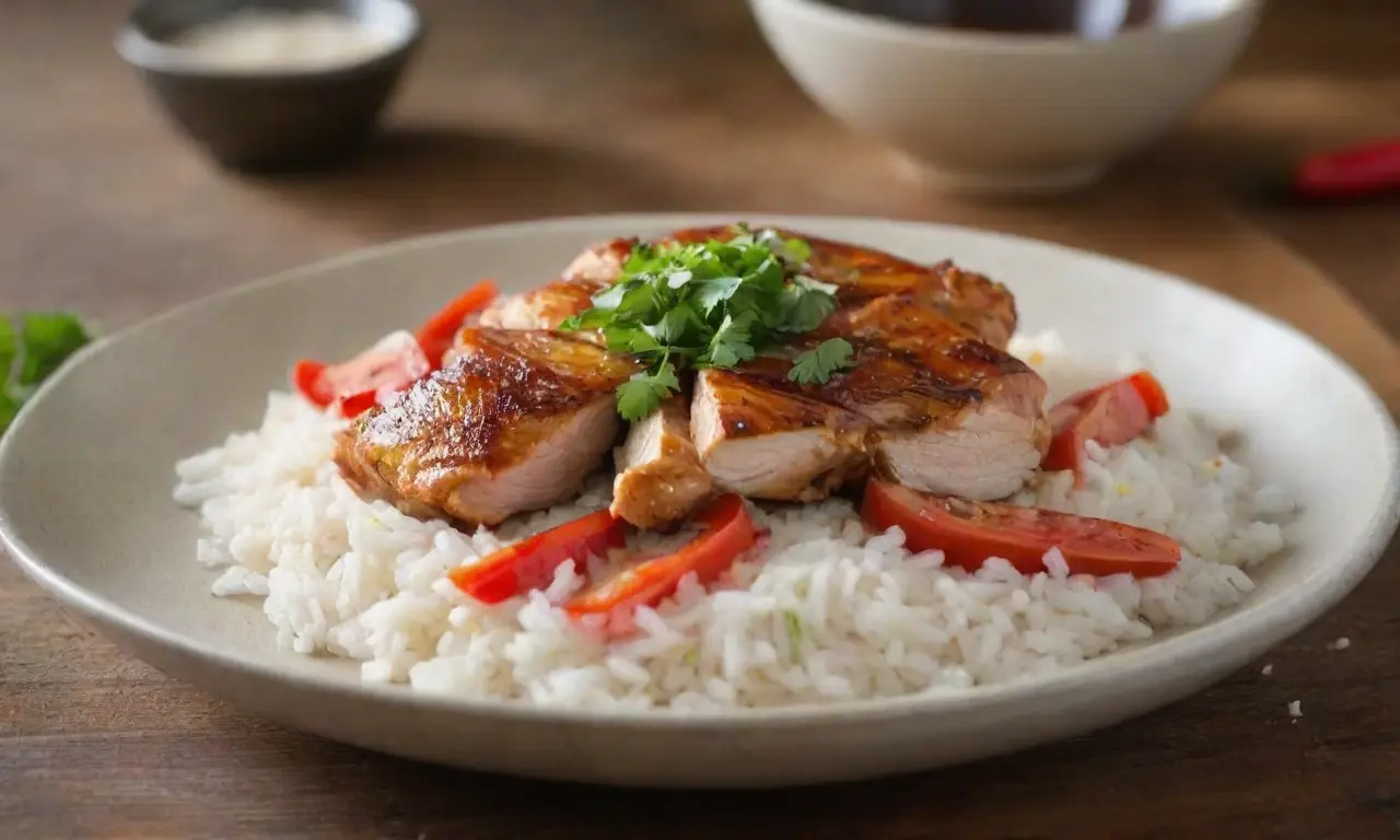 Plato colorido de pollo y arroz apetitoso