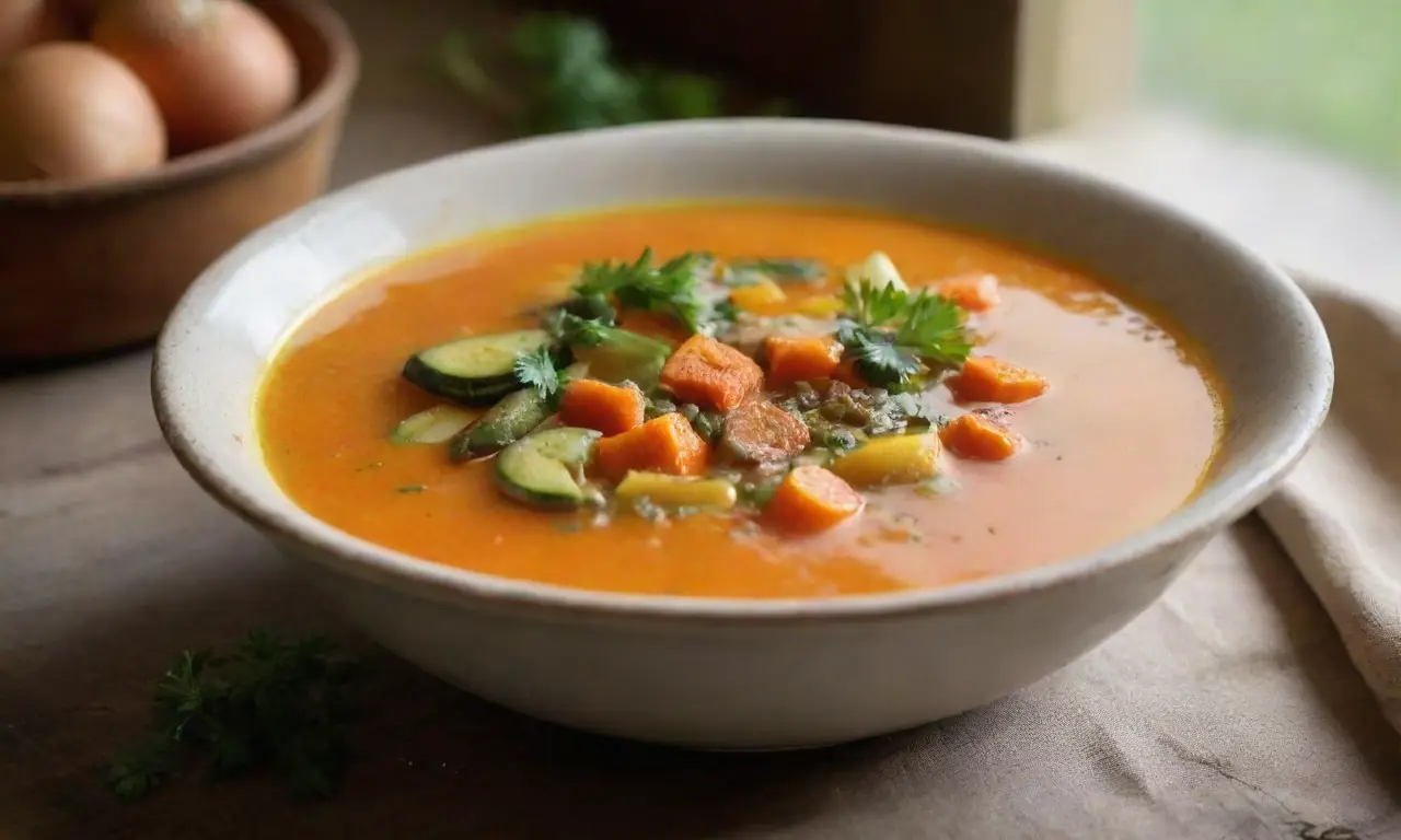 Mesa rústica con sopa humeante y cálida