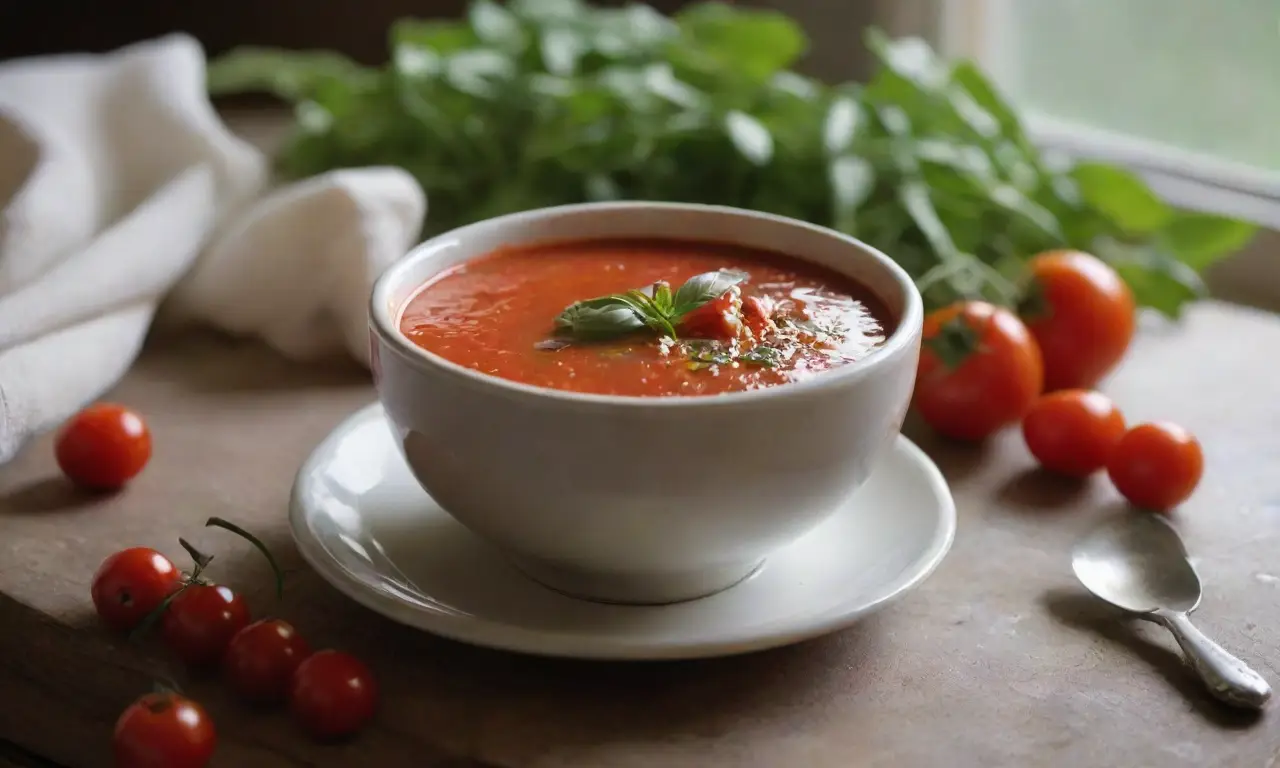 Mesa rústica con sopa de tomate humeante