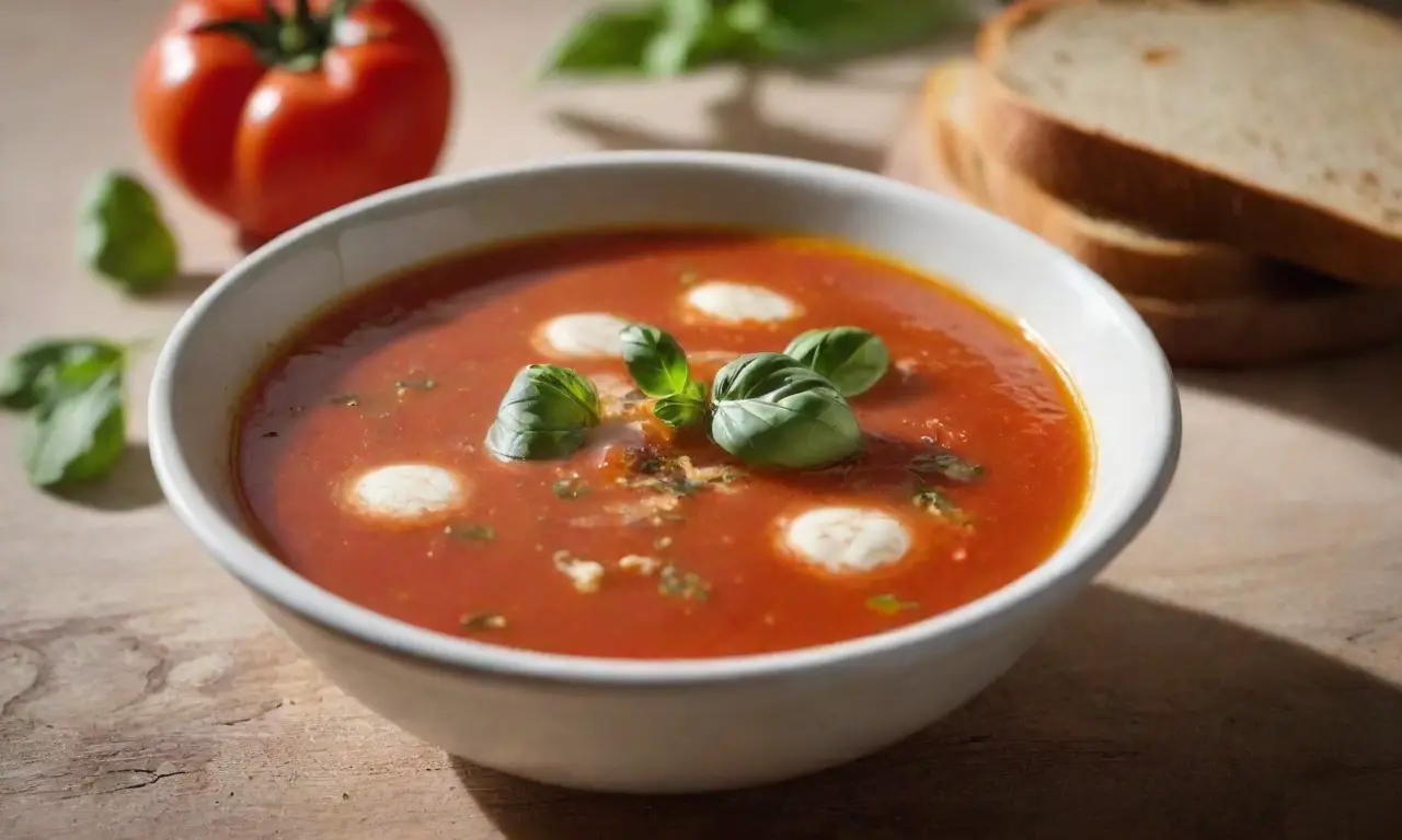 Mesa rústica con sopa y pan fresco