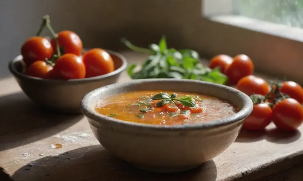 Mesa rústica con sopa de tomate deliciosa
