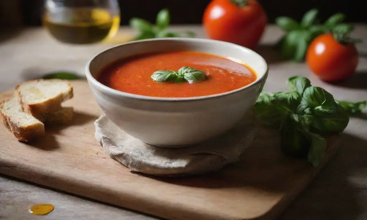 Mesa rústica con sopa de tomate y albahaca