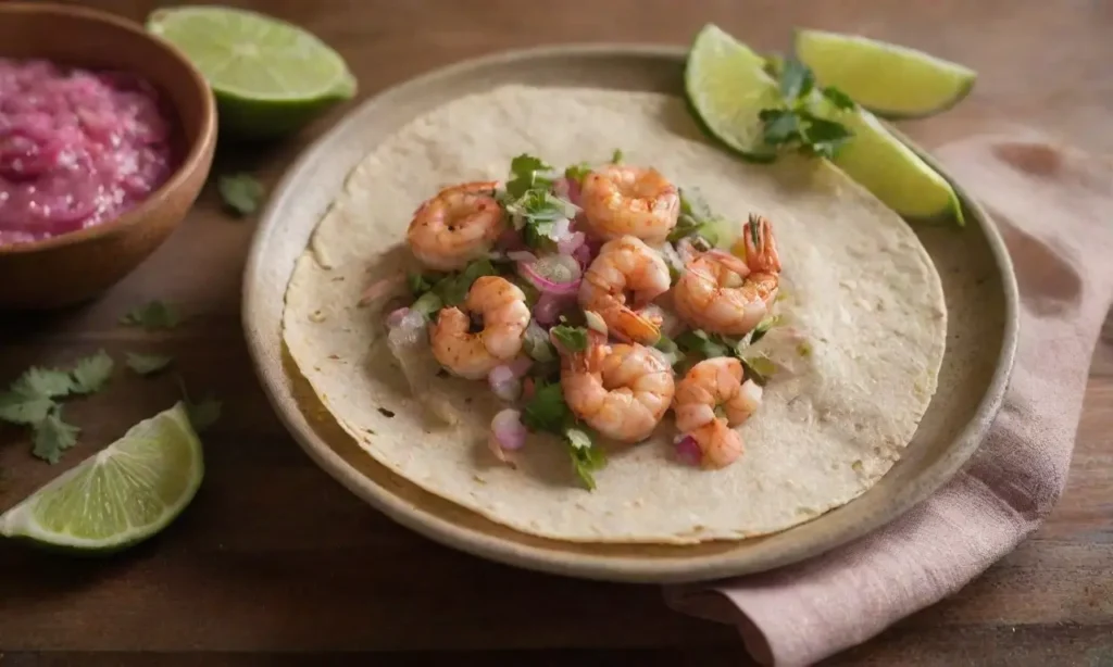Tortillas con camarones y frescos ingredientes vibrantes
