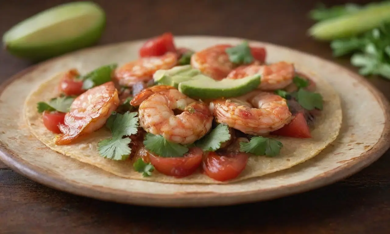 Tacos vibrantes con camarones y salsa roja