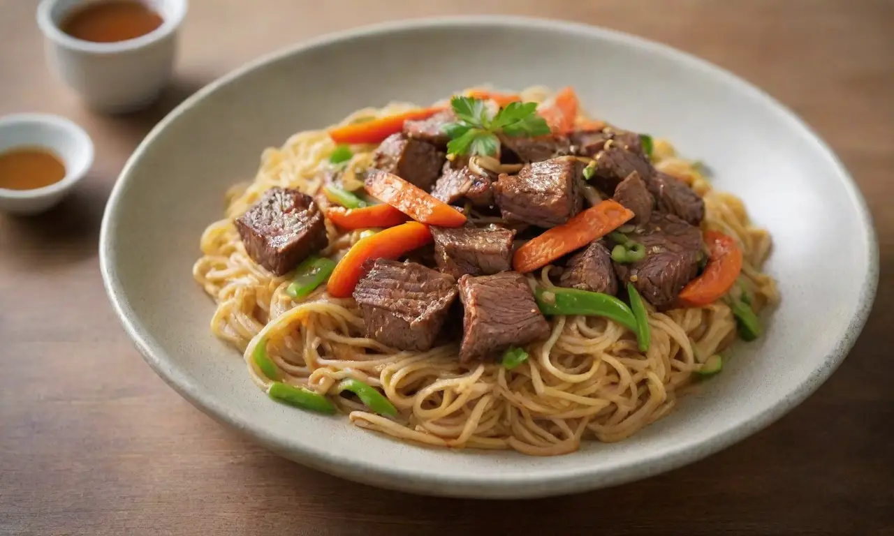 Deliciosos fideos fritos con carne y verduras
