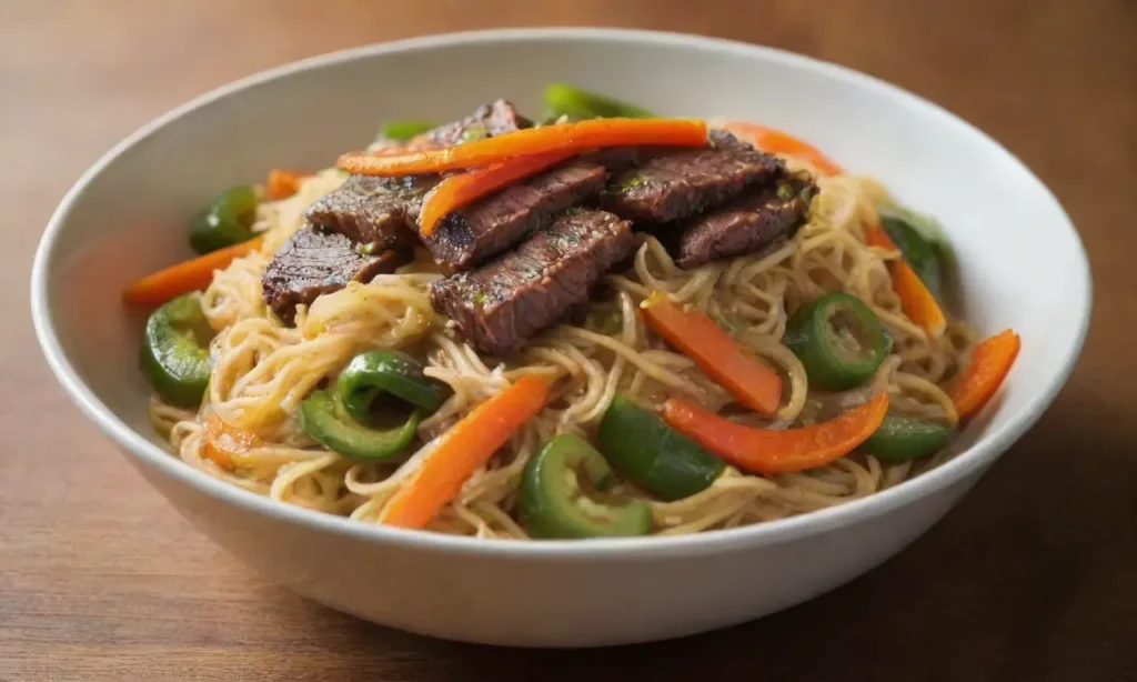Fideos salteados con carne y verduras coloridas