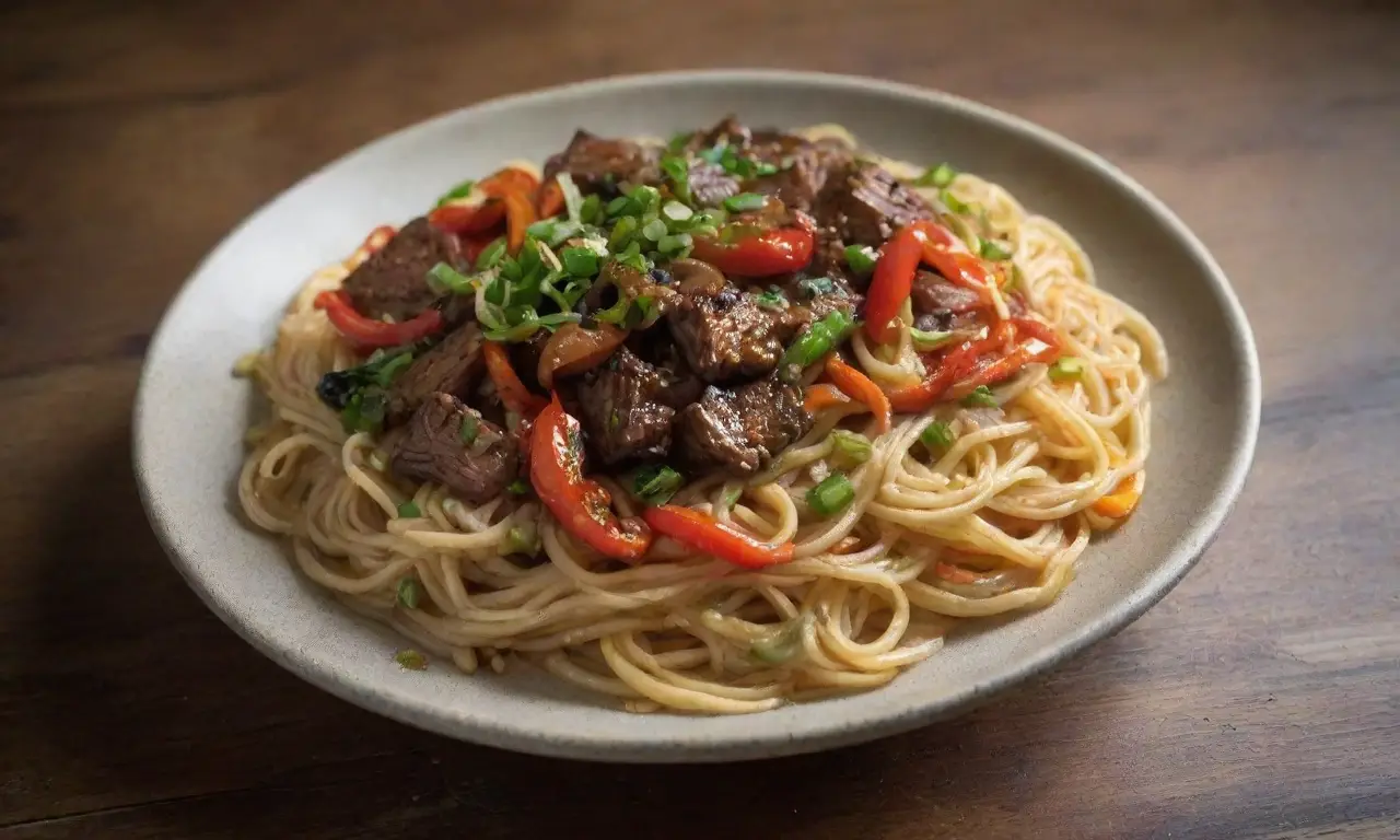 Plato vibrante de fideos con carne y vegetales
